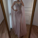 Luxury Turquoise Beaded Cape Sleeve Saudi Arabic Evening Dress LA73136A