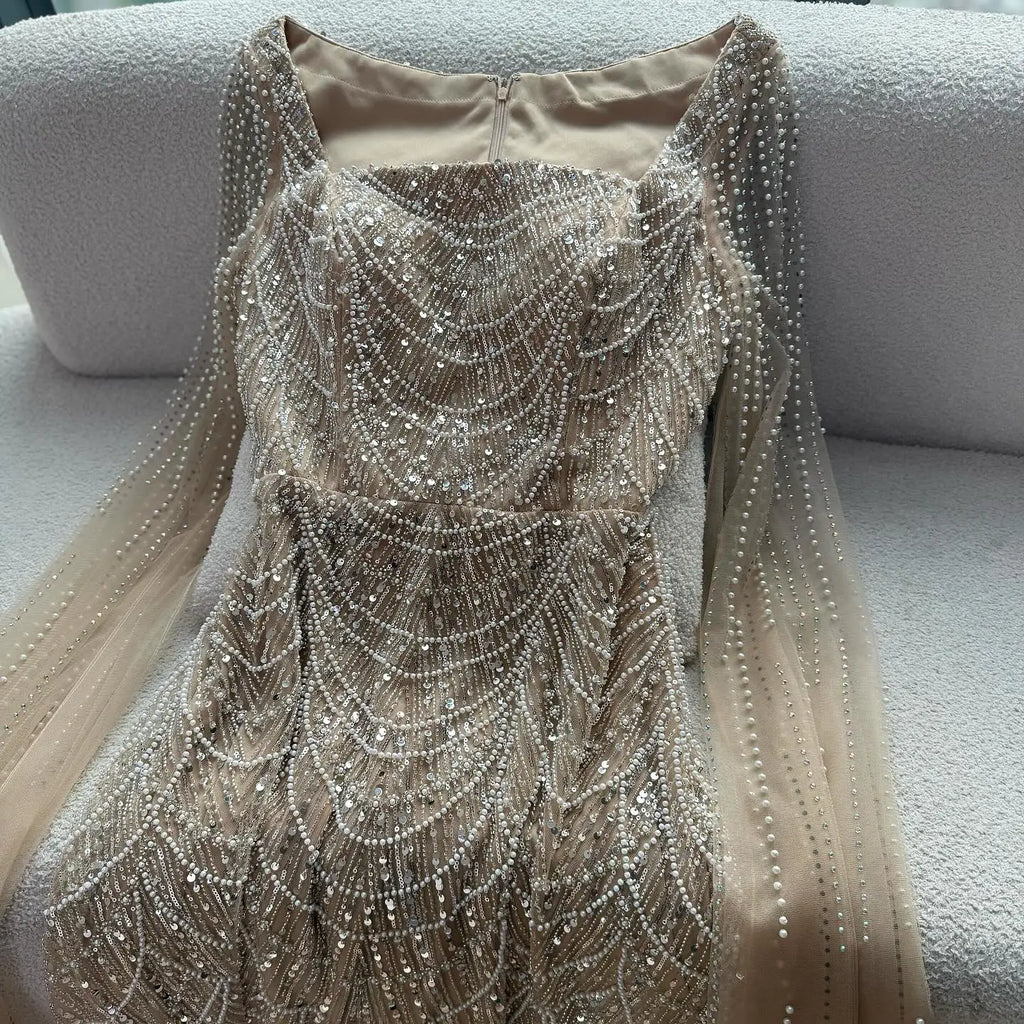 Arabic Simple Style Beaded A-Line With Cape Sleeves Square Neck Evening Dress CLA72590B