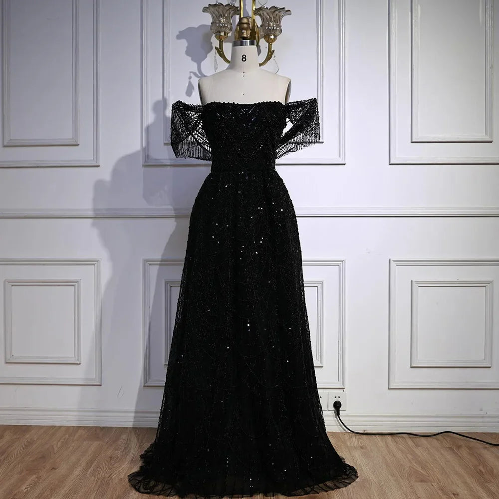Luxury Nude A-Line Pearls Off Shoulder Evening Dress CLA72738A