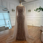 Luxury Caramel Beaded Mermaid Evening Dress With Cape Sleeves CLA73078