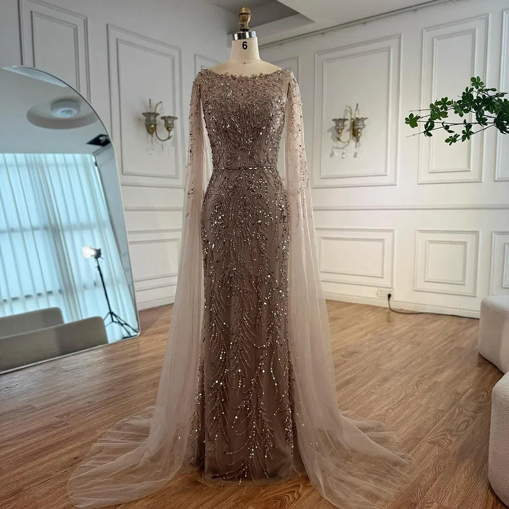 Luxury Caramel Beaded Mermaid Evening Dress With Cape Sleeves CLA73078