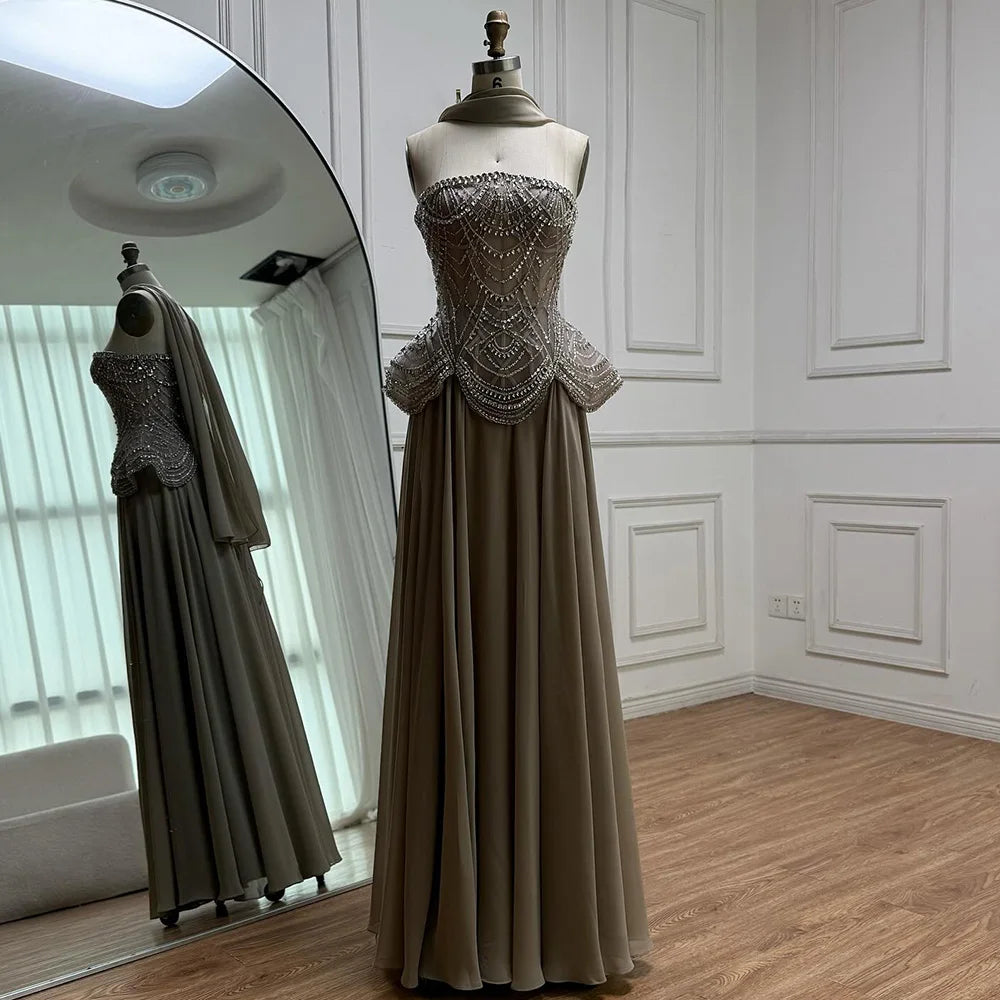 Luxury Designer Nude Beaded Chiffon Evening Dress CLA72915