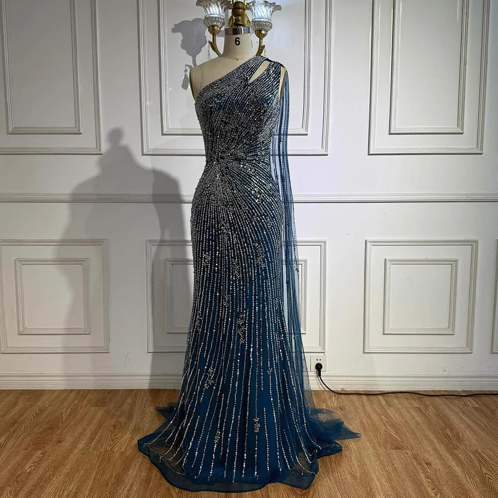 Luxury Black One Shoulder Mermaid Evening Dress with High Slit CLA72829