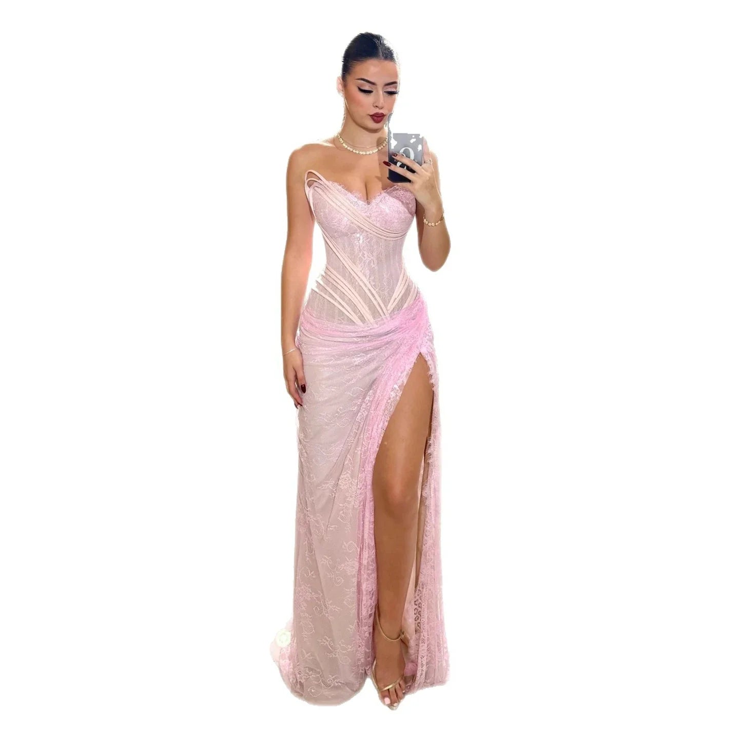Luxury Pink Saudi Arabic Lace Embroidery Evening Dress CLA73373