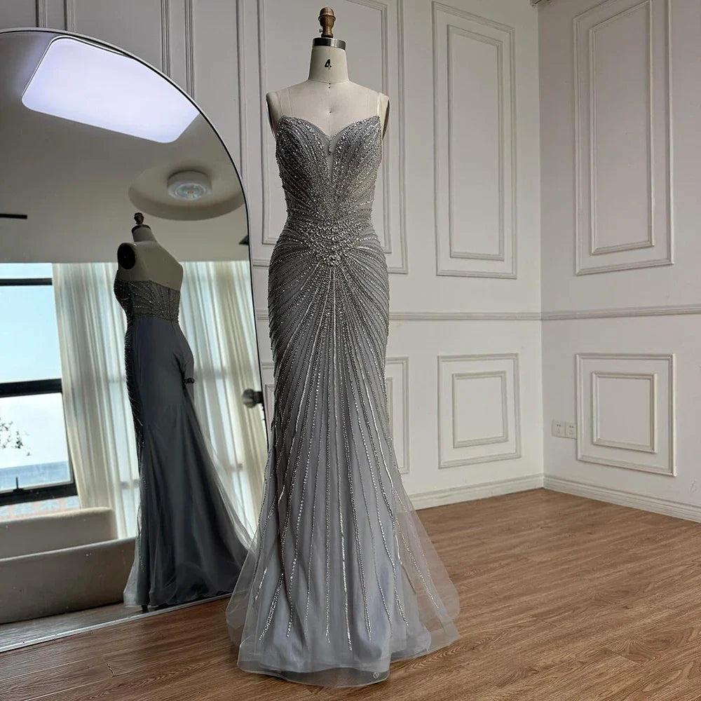 Luxury Nude Beaded Mermaid Detachable Cape Evening Dress With Overskirt CLA73182