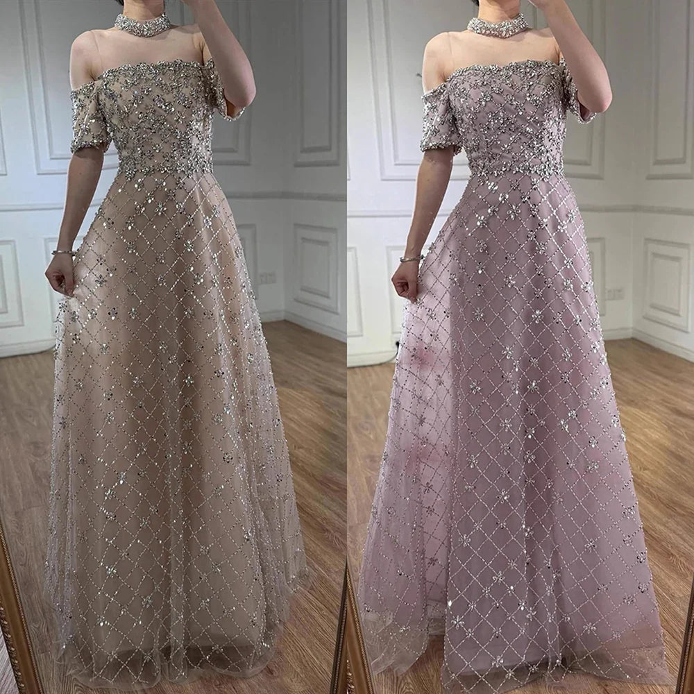 Luxury Nude Sliver Off Shoulder Beaded Crystal A-Line Evening Dress CLA73122