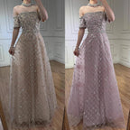 Luxury Nude Sliver Off Shoulder Beaded Crystal A-Line Evening Dress CLA73122