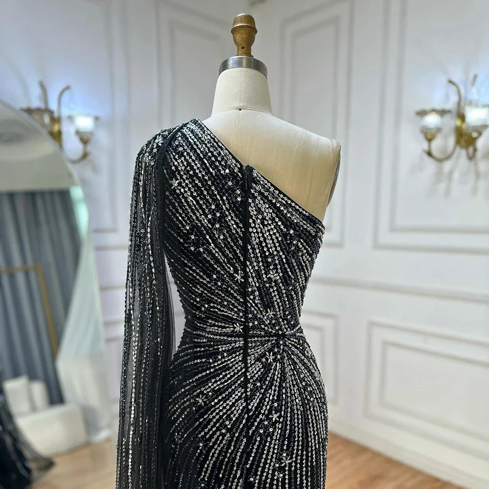 Luxury Black One Shoulder Mermaid Evening Dress with High Slit CLA72829