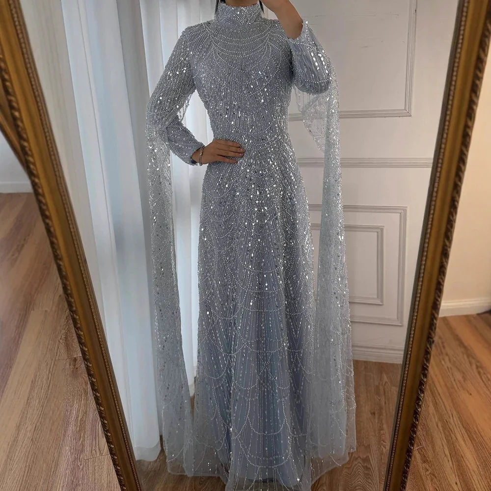 Arabic Modest For Muslim Women Hijab A-Line Cape Sleeves Evening Dress CLA72591