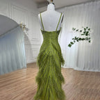 Arabic Mustard Yellow Luxury Beaded Feathers Mermaid Ankle LengthEvening Dress CLA72055