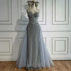 Luxury Nude Spaghetti Strap Mermaid Evening Dress with Overskirt Beaded CLA73090A