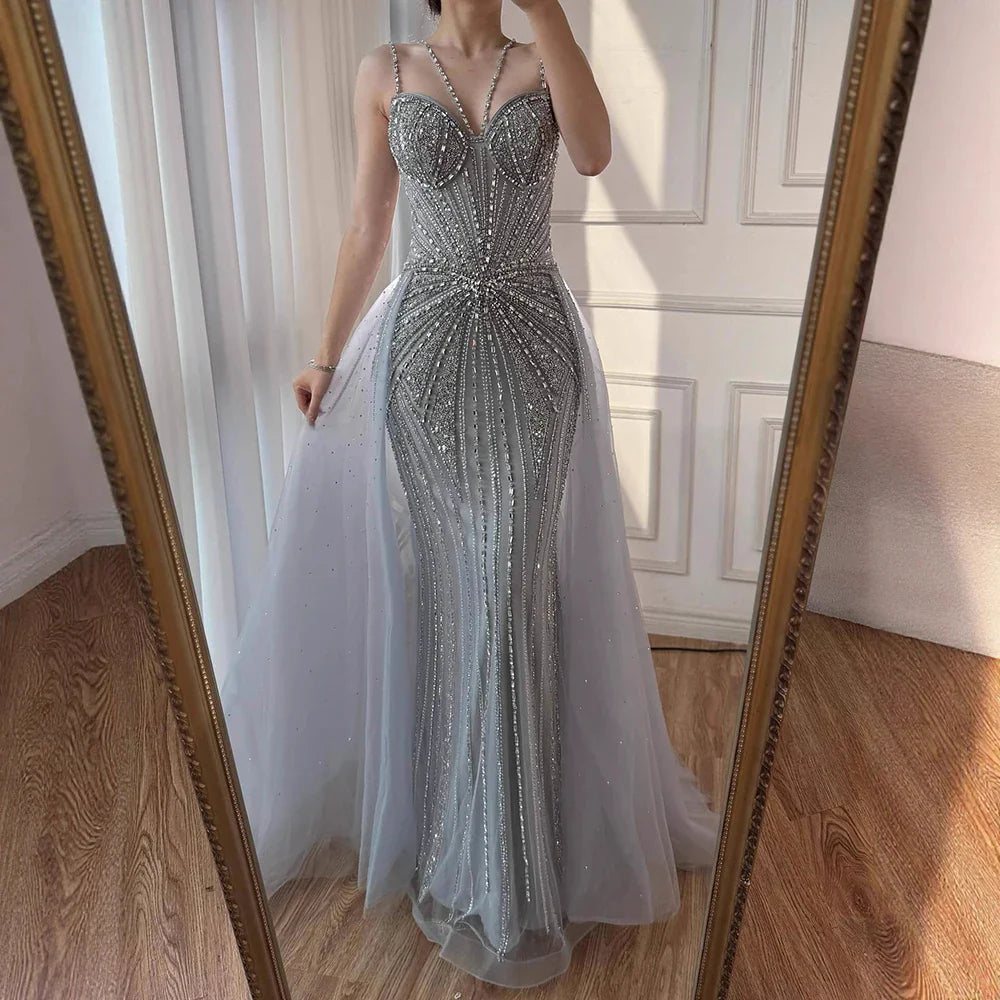 Luxury Nude Spaghetti Strap Mermaid Evening Dress with Overskirt Beaded CLA73090A
