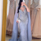 Luxury Beaded Feathers Evening Dress Mermaid With Cape Gown For Formal Occasion CLA72882