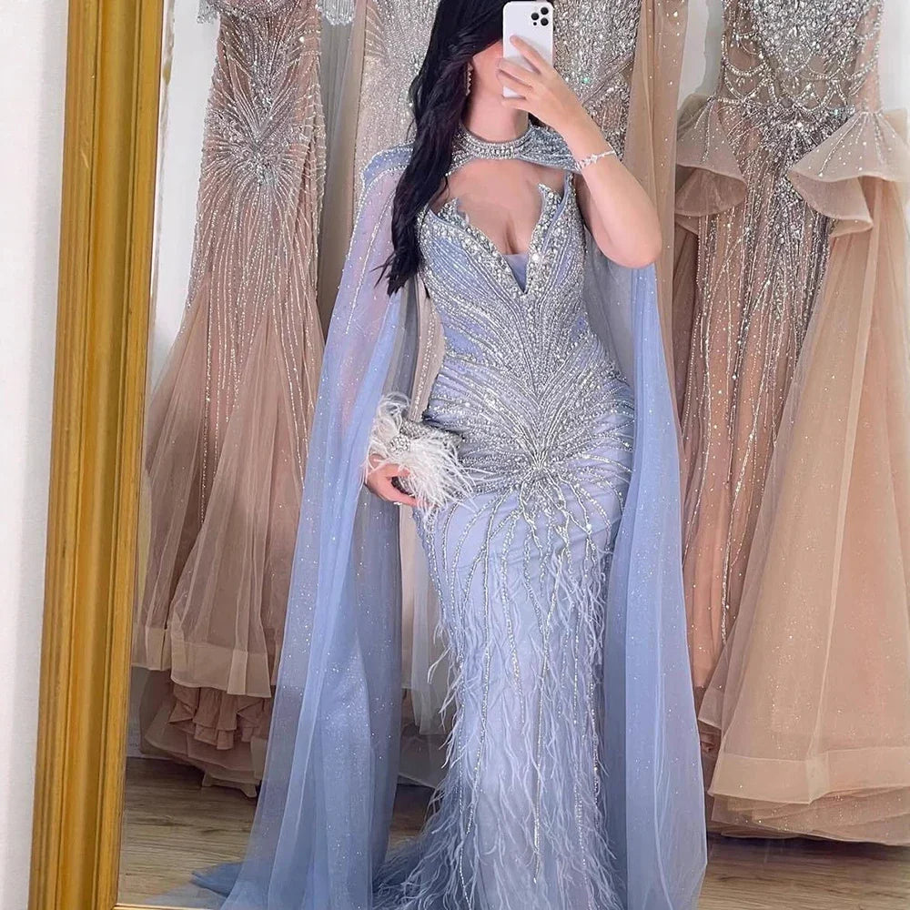 Luxury Beaded Feathers Evening Dress Mermaid With Cape Gown For Formal Occasion CLA72882
