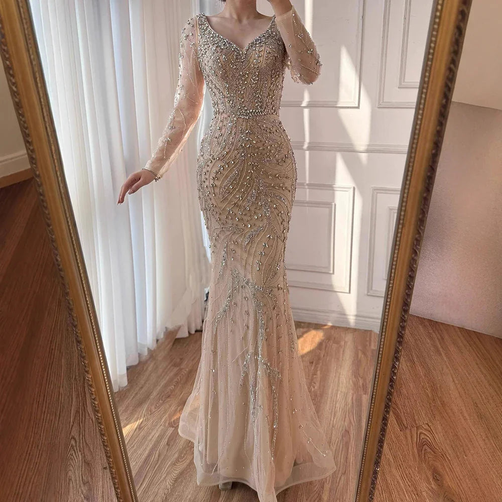 Luxury Muslim Nude Arabic Mermaid Beaded Evening Dress CLA73191