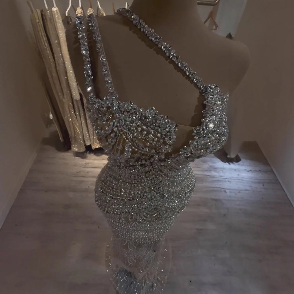 Luxury Silver Nude One Shoulder Pearls Beaded Gowns LA73371