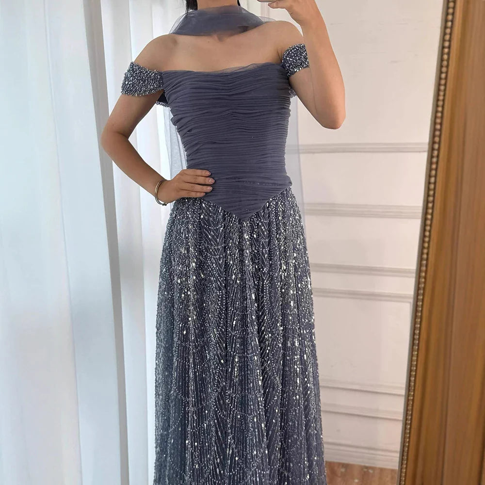 Simple Arabic Pink Pearls Beaded Evening Dress With Shawl CLA72922