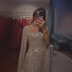 Luxury Nude Dubai Crystal Cape Sleeves A-Line Evening Dress CLA73272