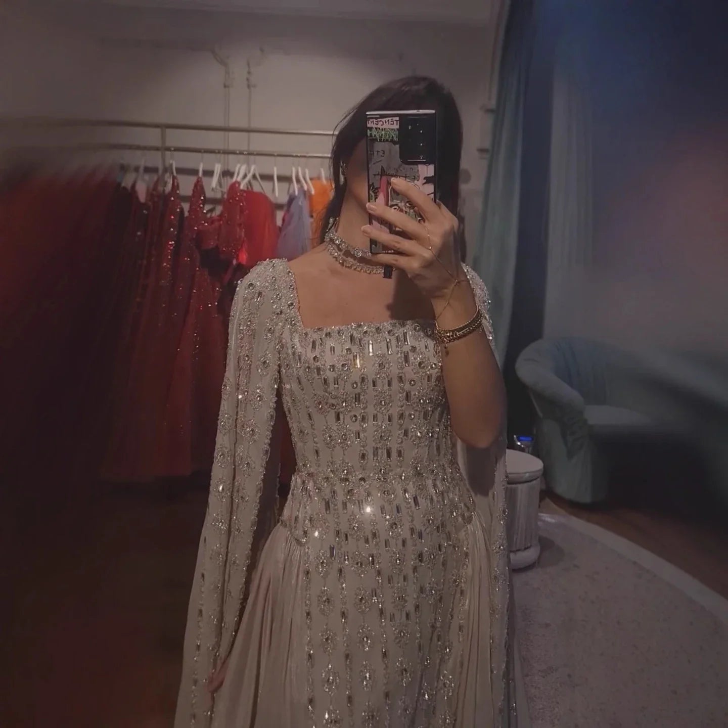 Luxury Nude Dubai Crystal Cape Sleeves A-Line Evening Dress CLA73272