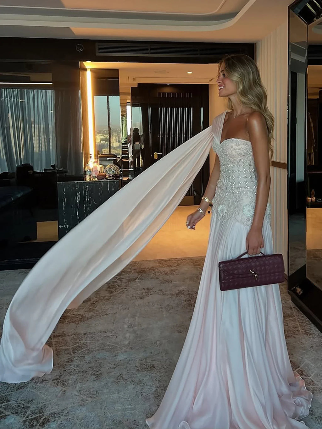 Arabic Pink Simple Style Chiffon Evening Dress CLA73451