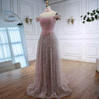 Simple Arabic Pink Pearls Beaded Evening Dress With Shawl CLA72922