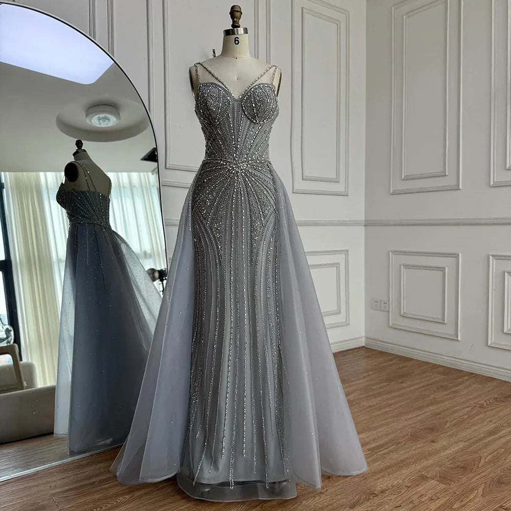 Luxury Nude Spaghetti Strap Mermaid Evening Dress with Overskirt Beaded CLA73090A