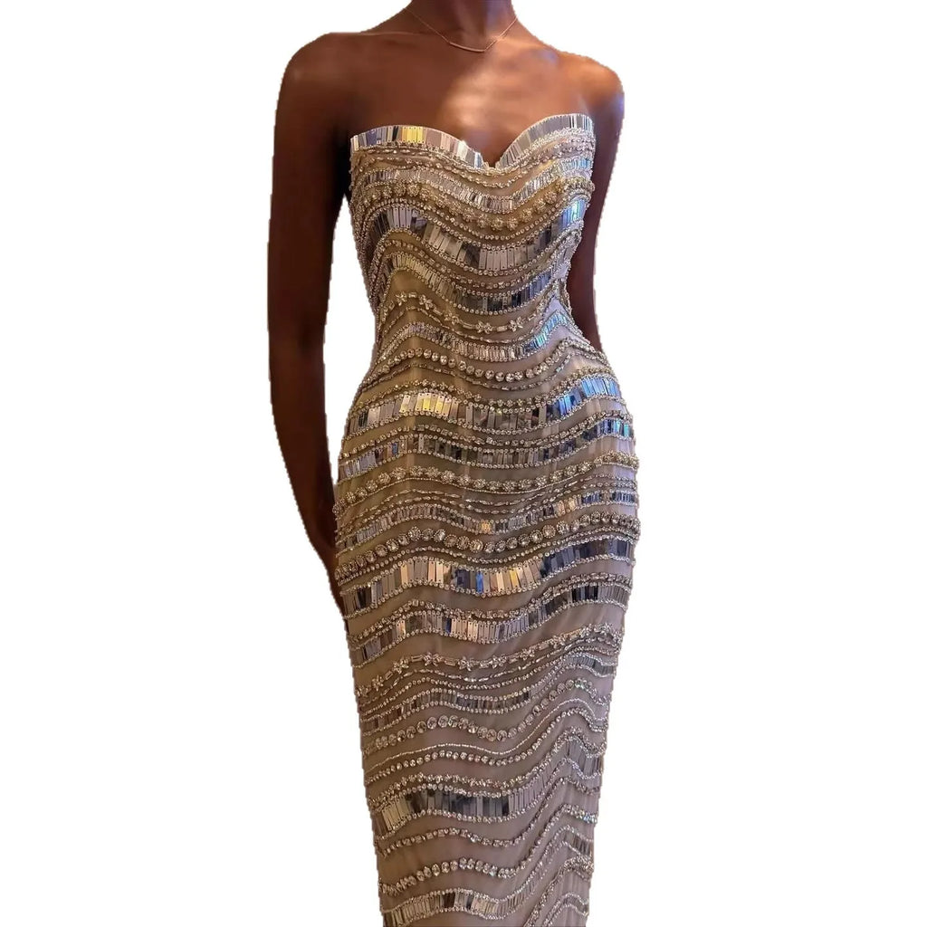 Kosovo Luxury Diamonds Full Beaded Mermaid Evening Dress Strapless Women Red Carpet Gown CLA73449