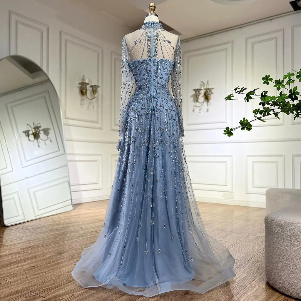 Luxury Dubai Designer Modest A-Line Blue Lace Beaded Evening Dresses CLA72704