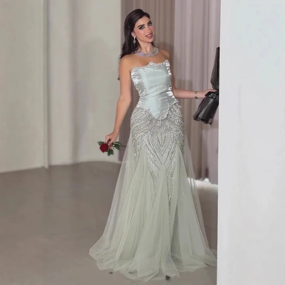 Luxury Sage Green Beaded Mermaid Evening Dress With Detachable Sleeves CLA73201