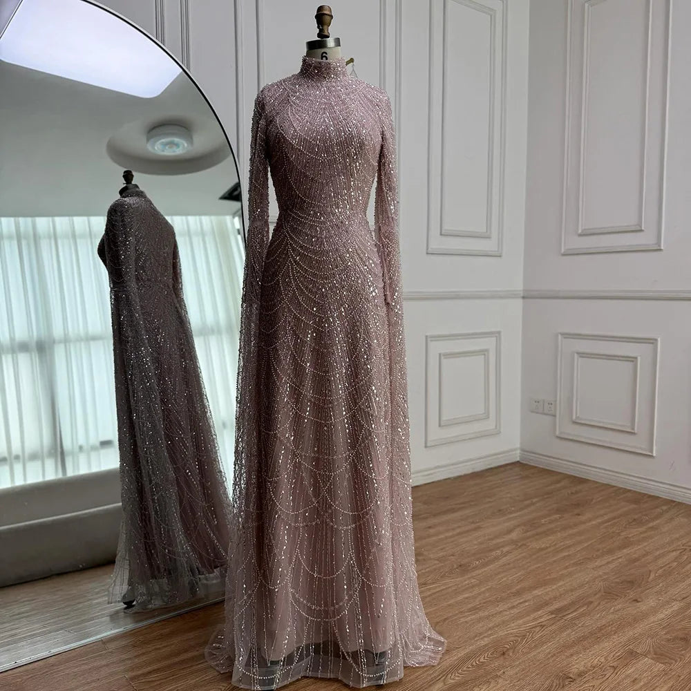 Arabic Modest For Muslim Women Hijab A-Line Cape Sleeves Evening Dress CLA72591