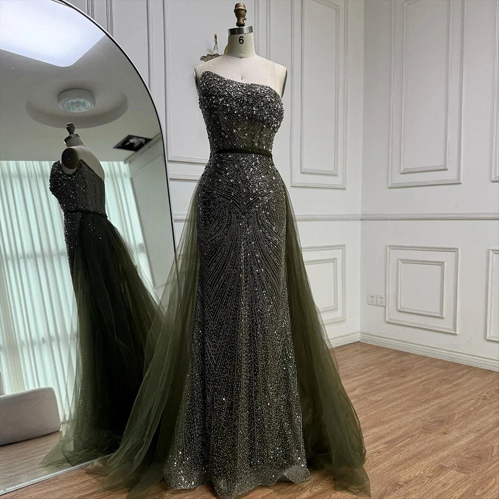 Luxury Olive Green Beaded Mermaid Evening Dress With Overskirt CLA73164A