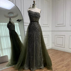 Luxury Olive Green Beaded Mermaid Evening Dress With Overskirt CLA73164A
