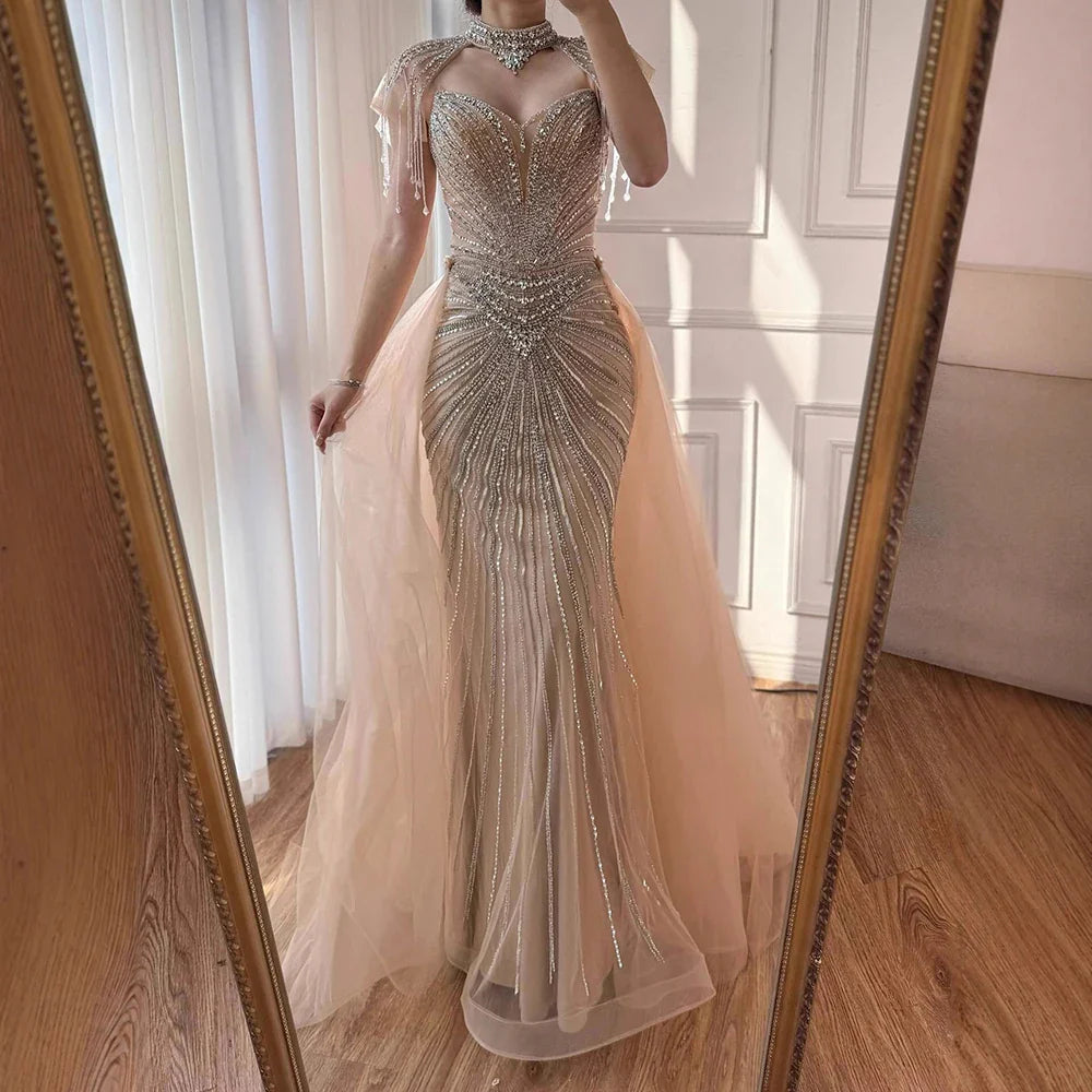 Luxury Nude Beaded Mermaid Detachable Cape Evening Dress With Overskirt CLA73182