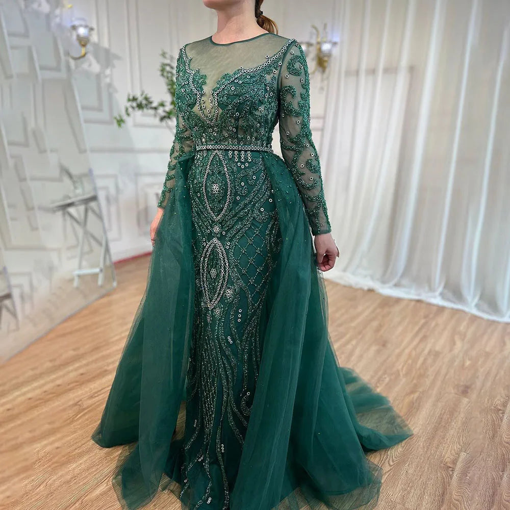 SERENE HILL  Luxury Muslim Nude Beaded Mermaid Evening Dress With Overskirt CLA71597