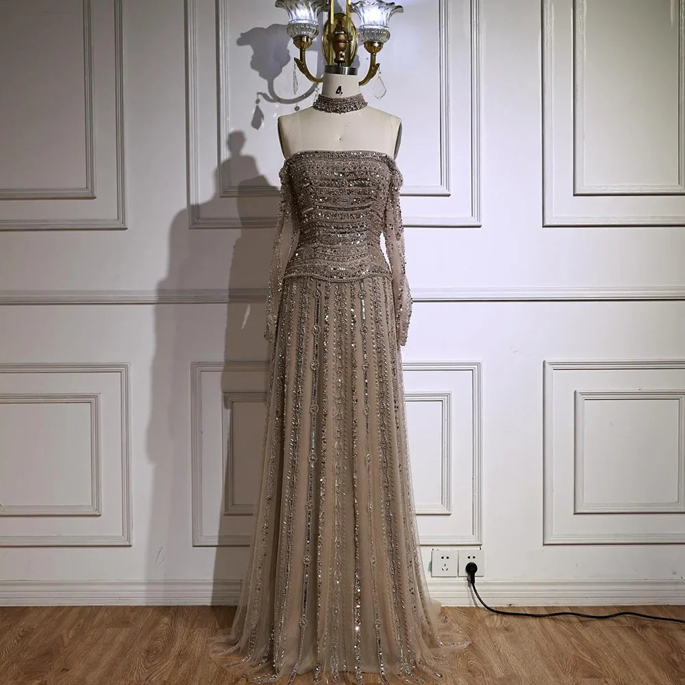 Luxury Caramel Off Shoulder Beaded Mermaid Evening Dress Long Sleeves CLA73053