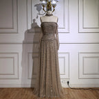 Luxury Caramel Off Shoulder Beaded Mermaid Evening Dress Long Sleeves CLA73053