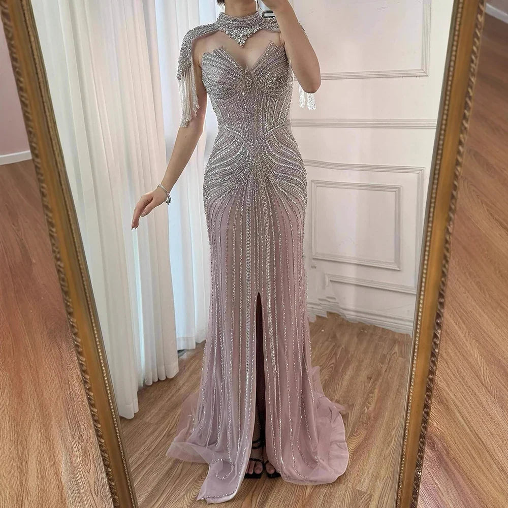 Arabic Luxury Beaded Mermaid Evening Dress With Detachable Tassels Cape CLA72891A