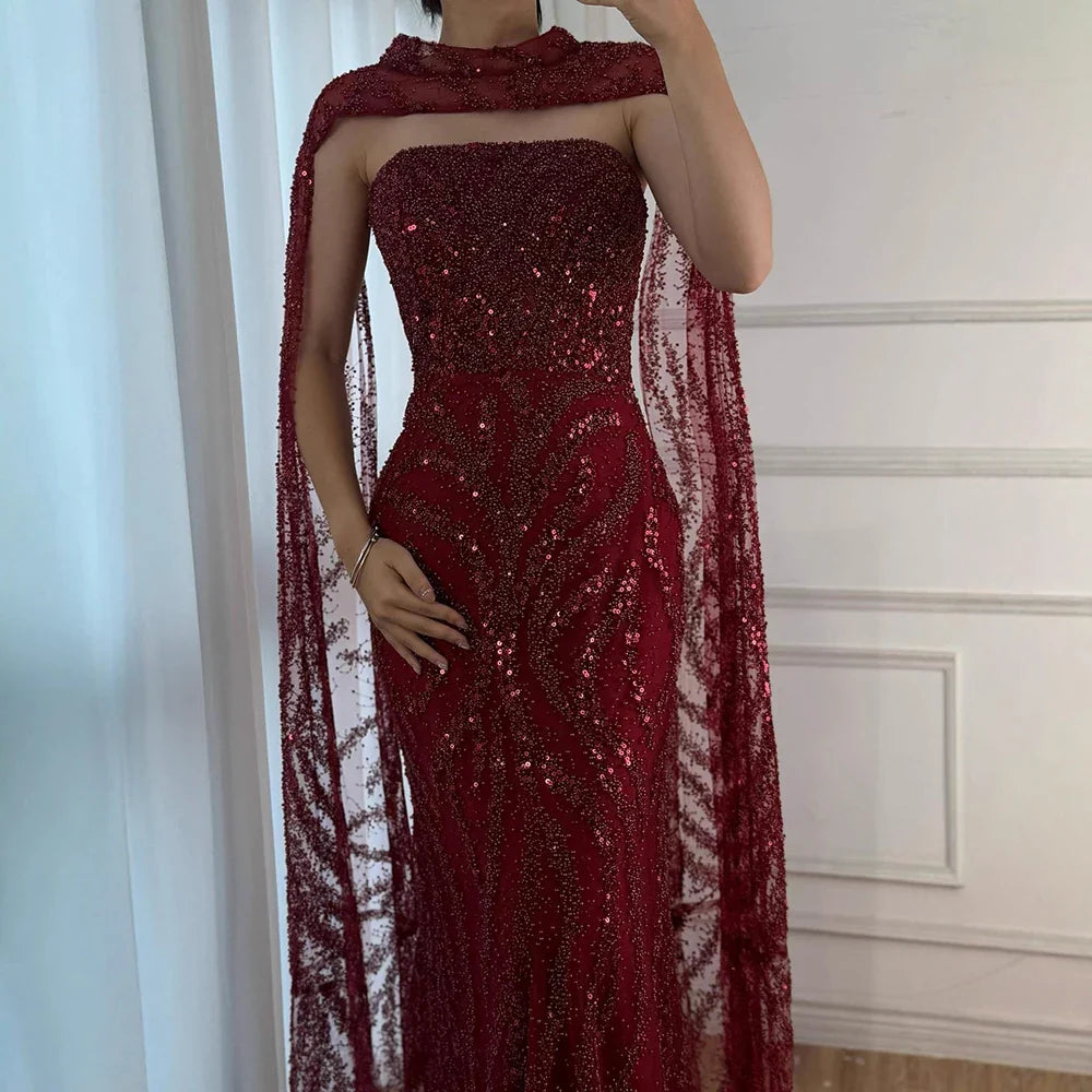 Luxury Nude Beaded Evening Dress with Cape Sleeves CLA72824