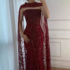 Luxury Nude Beaded Evening Dress with Cape Sleeves CLA72824