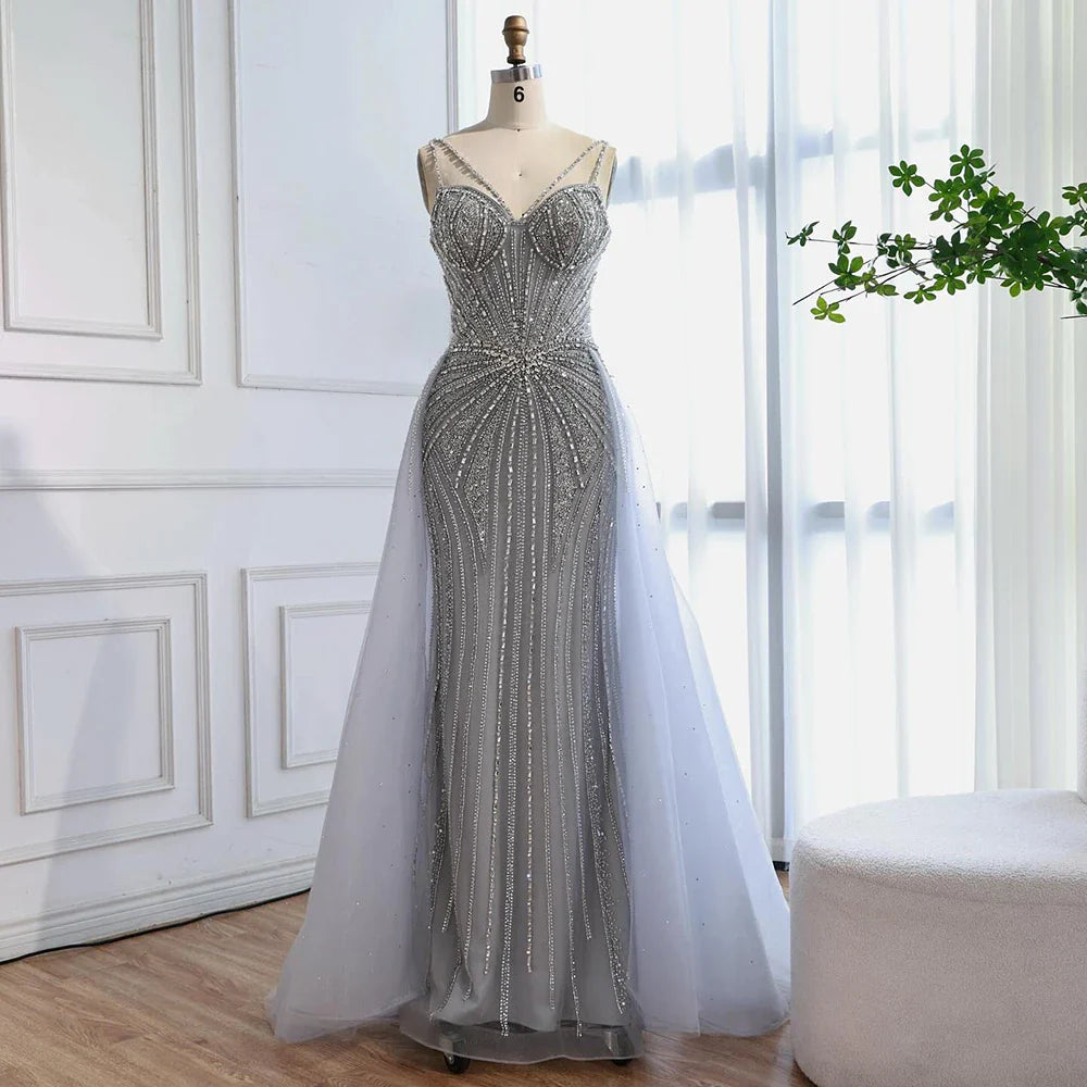 Luxury Nude Spaghetti Strap Mermaid Evening Dress with Overskirt Beaded CLA73090A