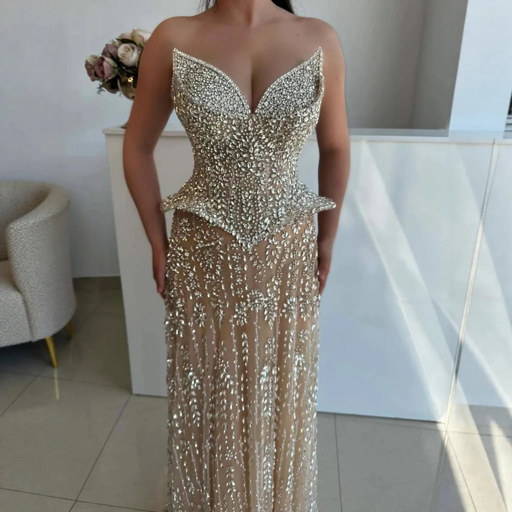 Kosovo Luxury Full Diamonds Beaded A-Line Evening Dress Nude Strapless Women Red Carpet Gown CLA73209