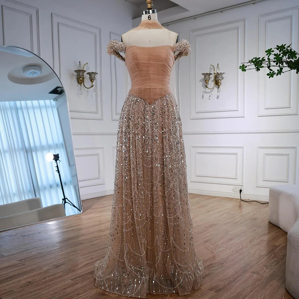 Simple Arabic Pink Pearls Beaded Evening Dress With Shawl CLA72922