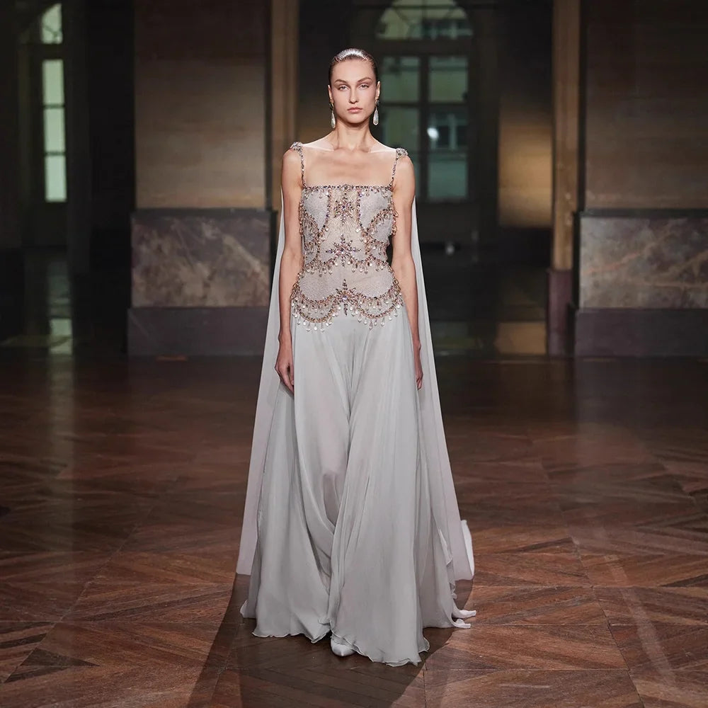 Luxury Silver Chiffon Cape Evening Dress with Beaded Bodice LA73123