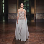 Luxury Silver Chiffon Cape Evening Dress with Beaded Bodice LA73123