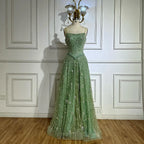 Luxury Sage Green Beaded A-Line Spaghetti Straps Evening Dress CLA72805