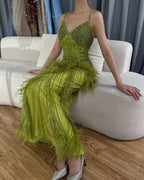 Arabic Mustard Yellow Luxury Beaded Feathers Mermaid Ankle LengthEvening Dress CLA72055