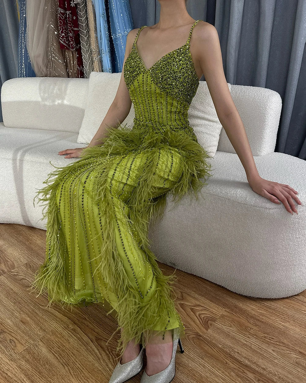 Arabic Mustard Yellow Luxury Beaded Feathers Mermaid Ankle LengthEvening Dress CLA72055