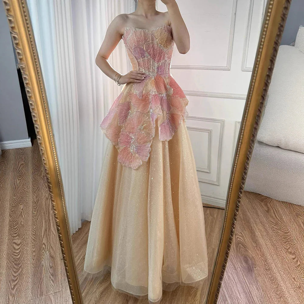 Luxury Peach Floral Appliqué A-Line Sparkly Evening Dress LA73185