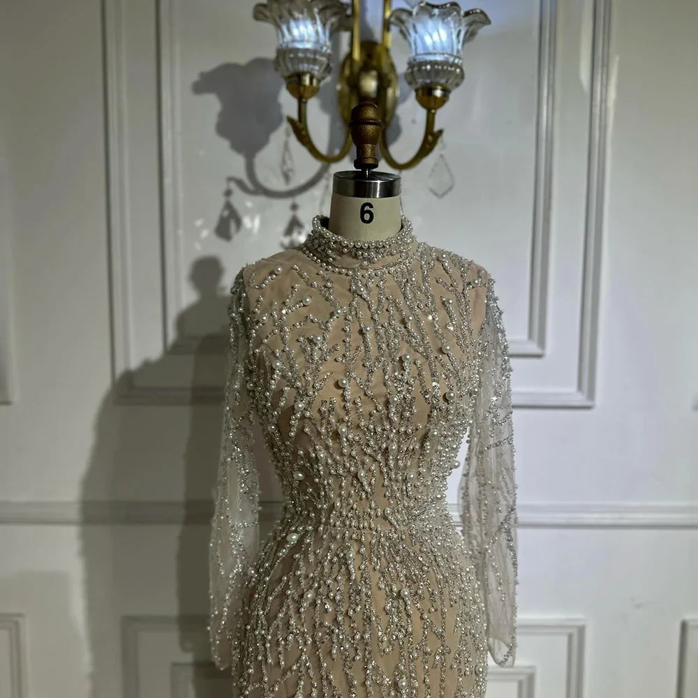 Arabic Simple Style Beaded Pearls Mermaid Evening Dress Modest Hijab High Neck CLA72345A