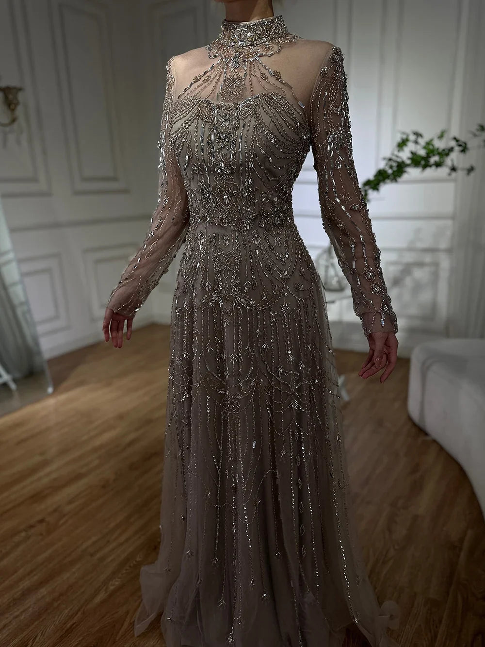 Luxury Dubai Designer Modest A-Line Blue Lace Beaded Evening Dresses CLA72704
